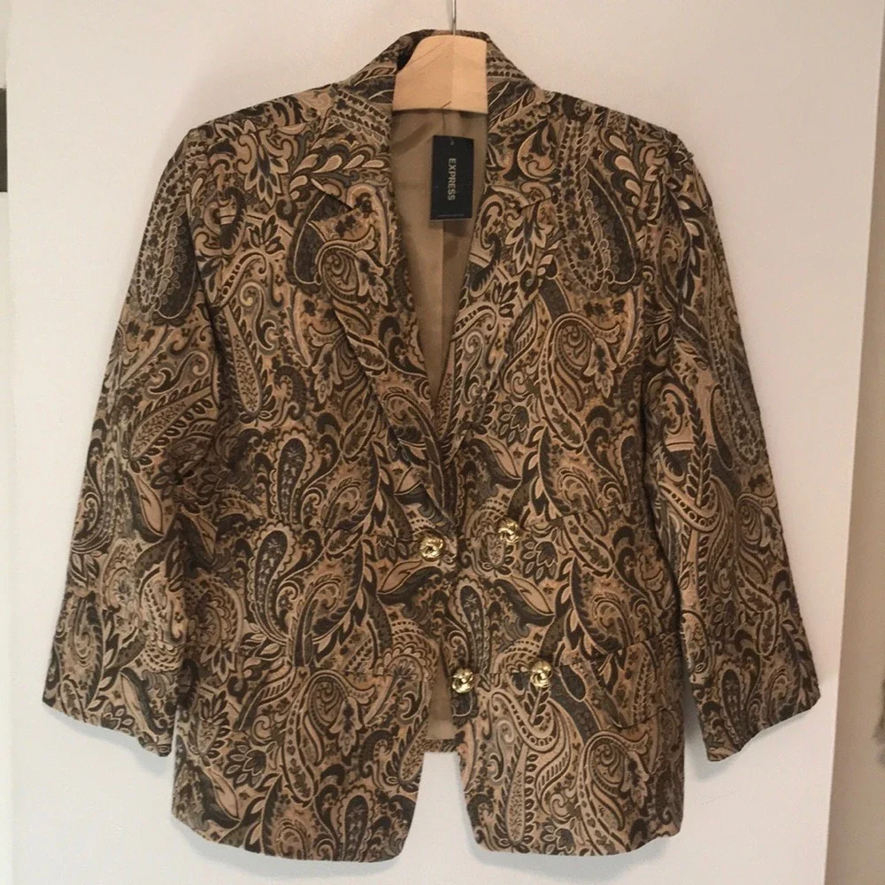 Express Women's 10 Blazer Gold Brown Paisley‎ Metallic Brocade Double Breasted
